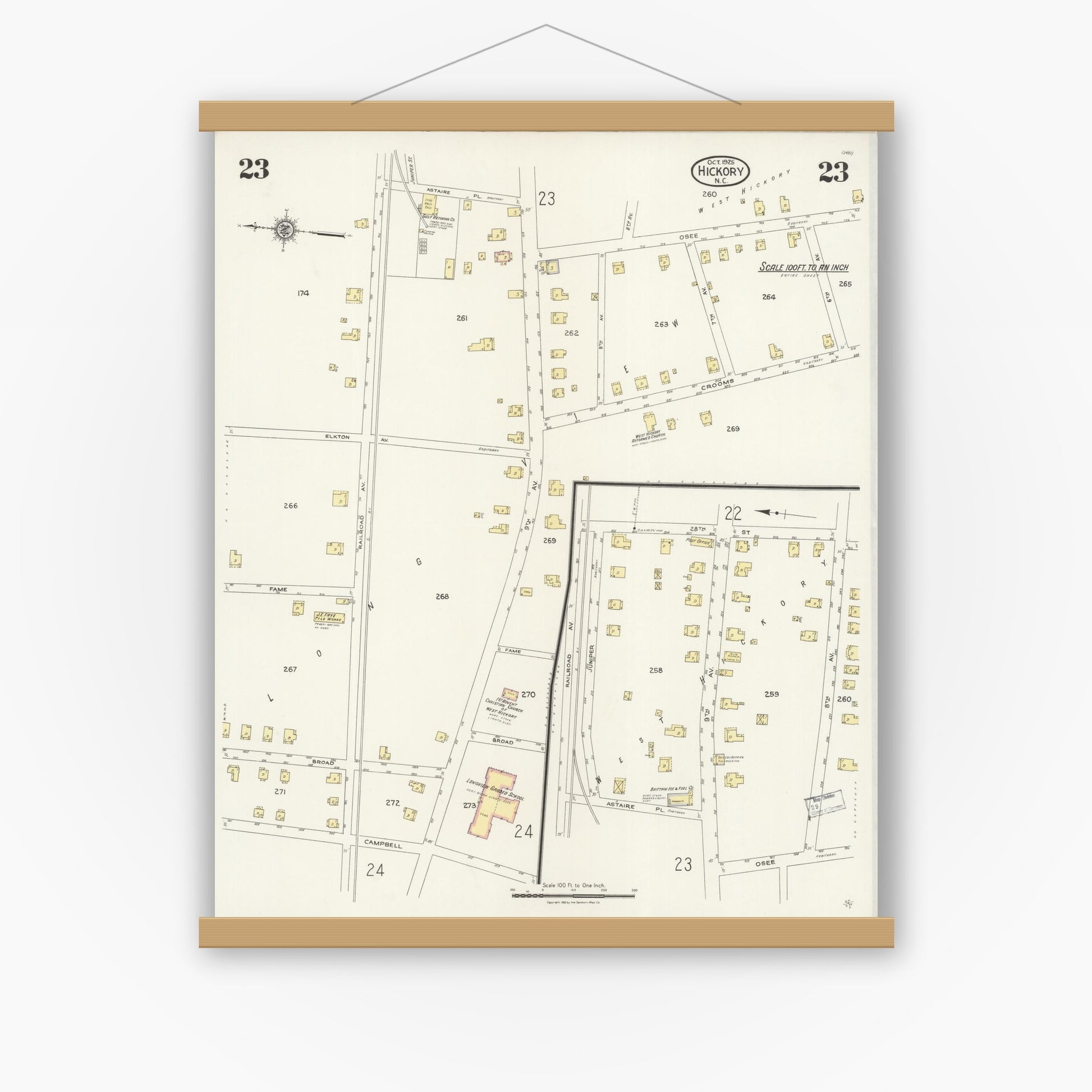 Old map wall art mockup — magnetic wood frame on white wall — Sanborn Fire Insurance Map from Hickory, Catawba County, North Carolina (1925), Sheet #0023