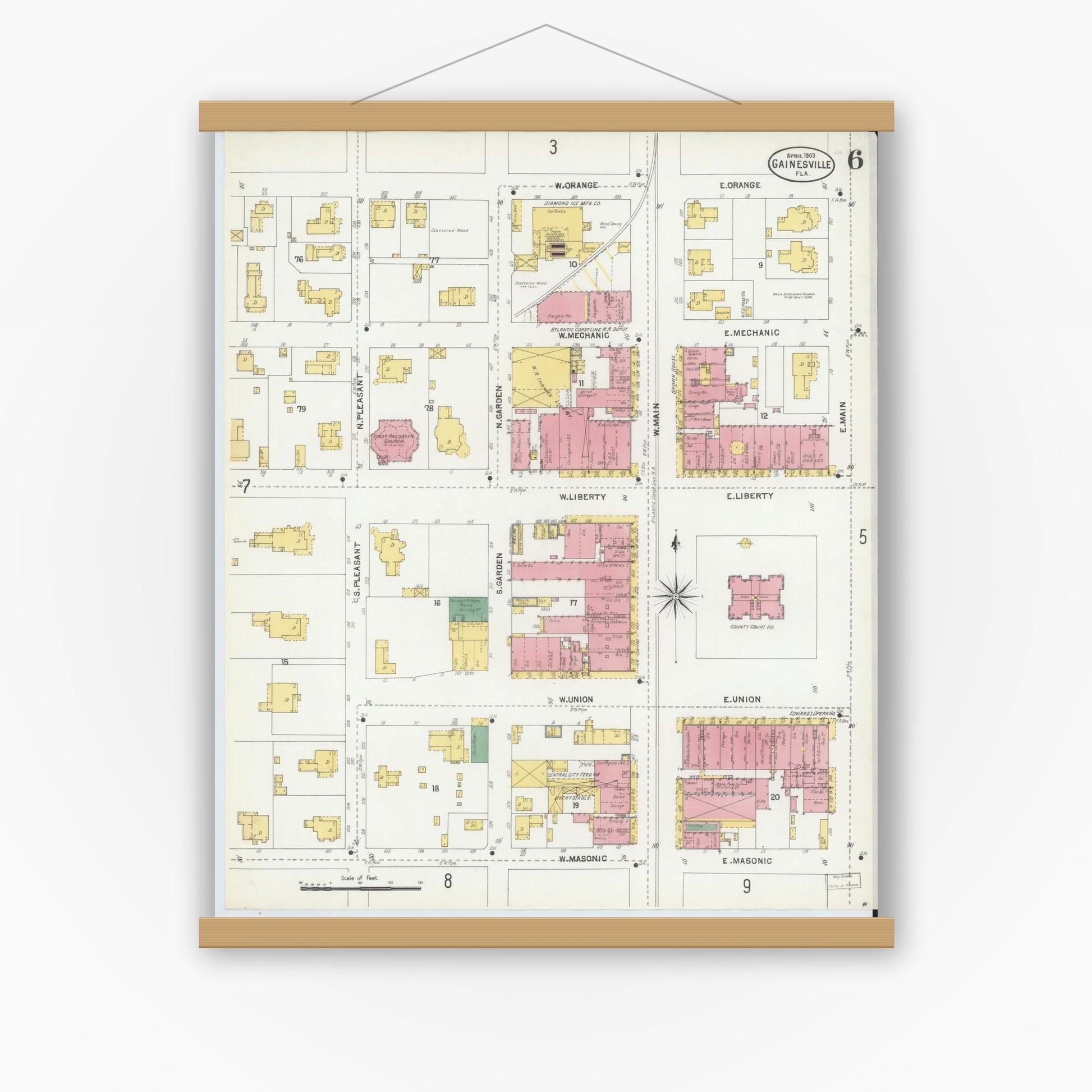Old map wall art mockup — magnetic wood frame on white wall — Sanborn Fire Insurance Map from Gainesville, Alachua County, Florida (1903), Sheet #0006