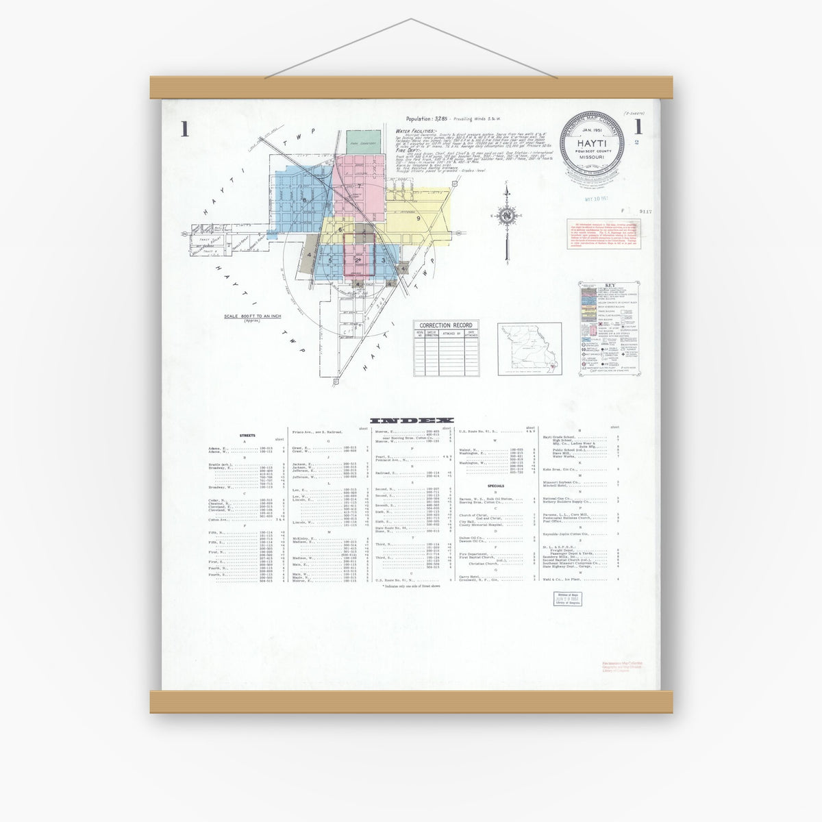 Old map wall art mockup — magnetic wood frame on white wall — Sanborn Fire Insurance Map from Hayti, Pemiscot County, Missouri (1951) - Complete Map Set