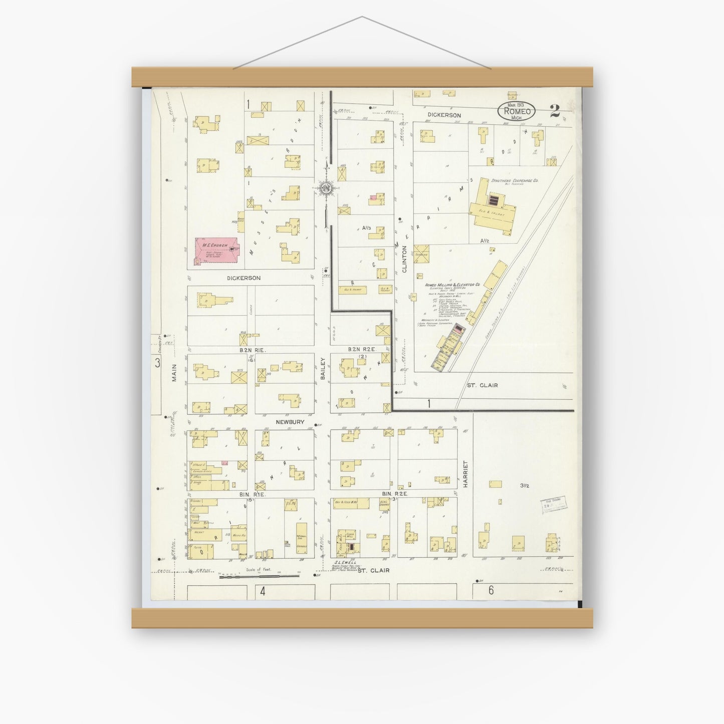 Old map wall art mockup — magnetic wood frame on white wall — Sanborn Fire Insurance Map from Romeo, Macomb County, Michigan (1913), Sheet #0002