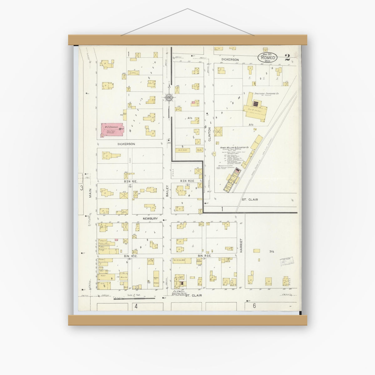 Old map wall art mockup — magnetic wood frame on white wall — Sanborn Fire Insurance Map from Romeo, Macomb County, Michigan (1913), Sheet #0002