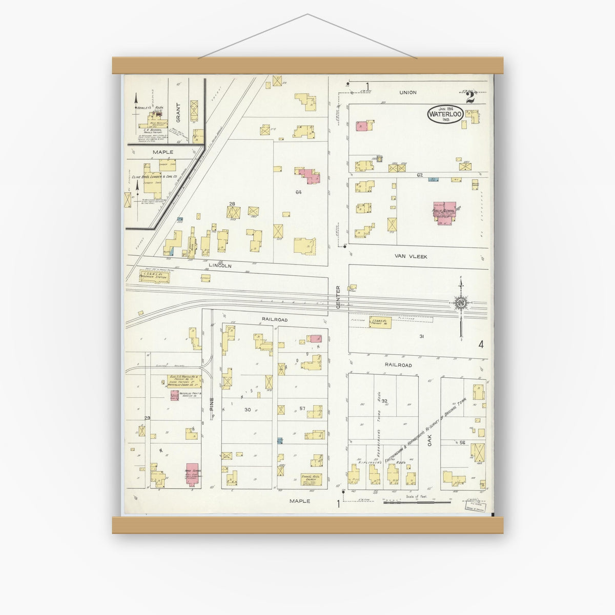 Old map wall art mockup — magnetic wood frame on white wall — Sanborn Fire Insurance Map from Waterloo, De Kalb County, Indiana (1914), Sheet #0002