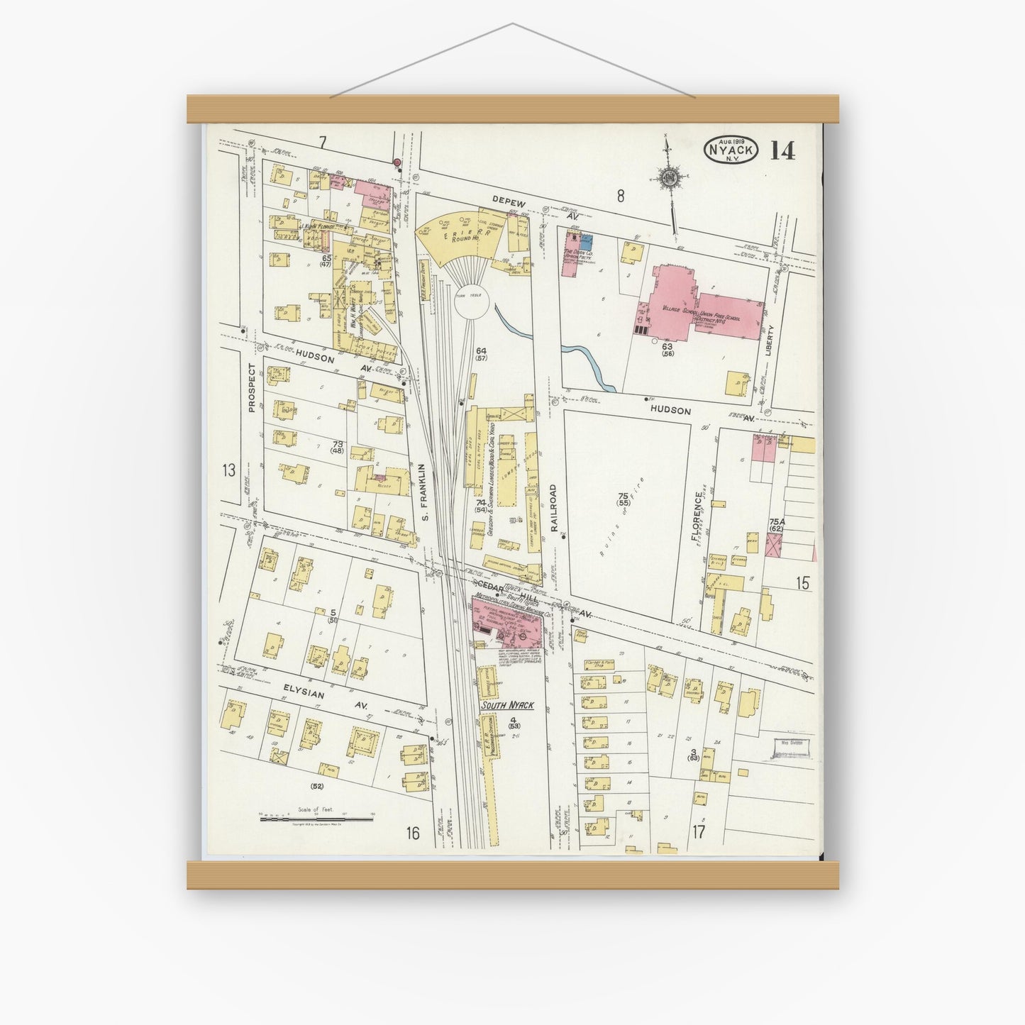 Old map wall art mockup — magnetic wood frame on white wall — Sanborn Fire Insurance Map from Nyack, Rockland County, New York. (1919), Sheet #0014