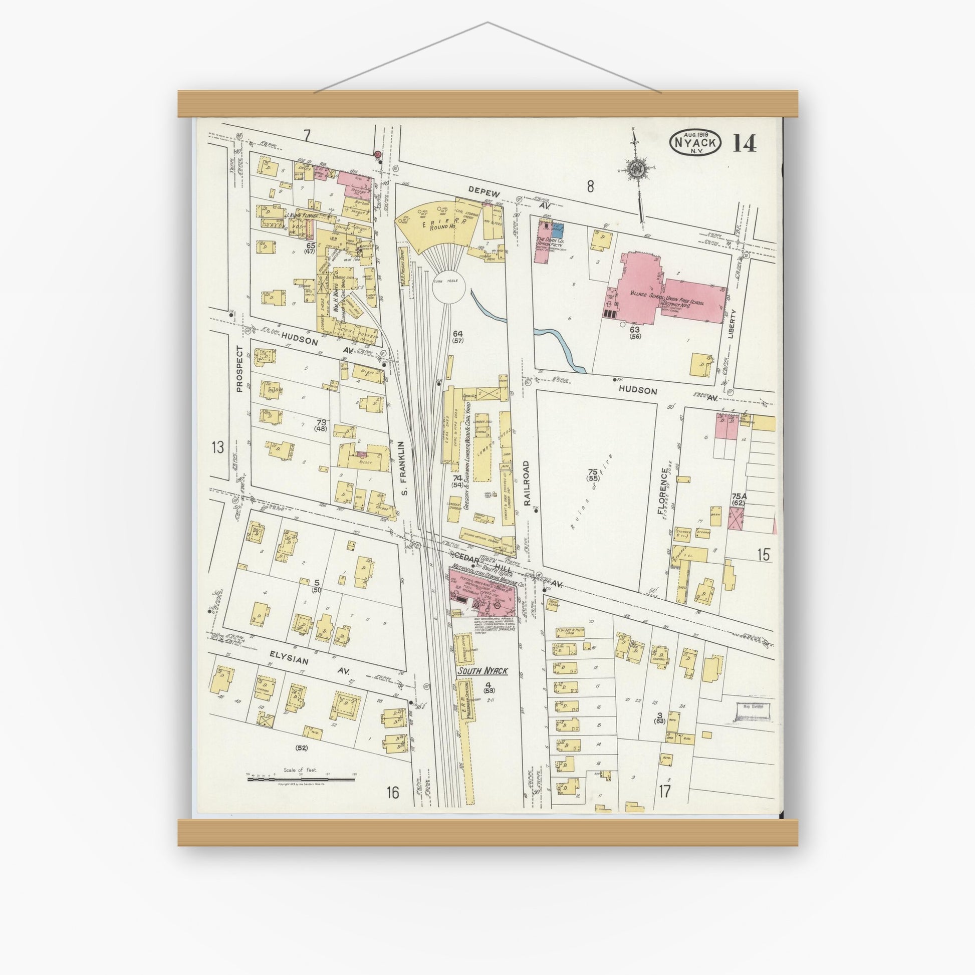 Old map wall art mockup — magnetic wood frame on white wall — Sanborn Fire Insurance Map from Nyack, Rockland County, New York. (1919), Sheet #0014
