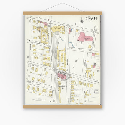 Old map wall art mockup — magnetic wood frame on white wall — Sanborn Fire Insurance Map from Nyack, Rockland County, New York. (1919), Sheet #0014