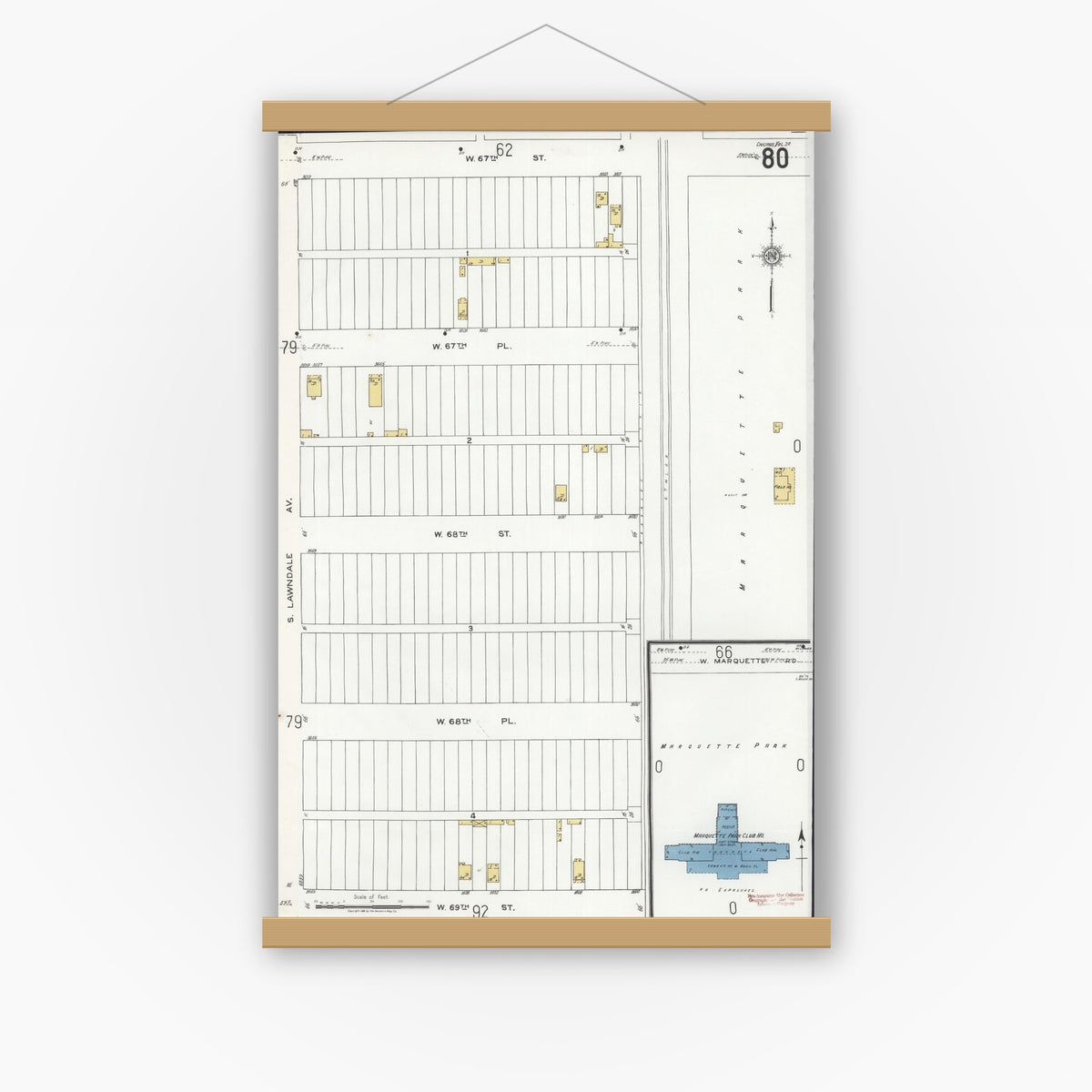 Old map wall art mockup — magnetic wood frame on white wall — Sanborn Fire Insurance Map from Chicago, Cook County, Illinois (1920), Sheet #0080