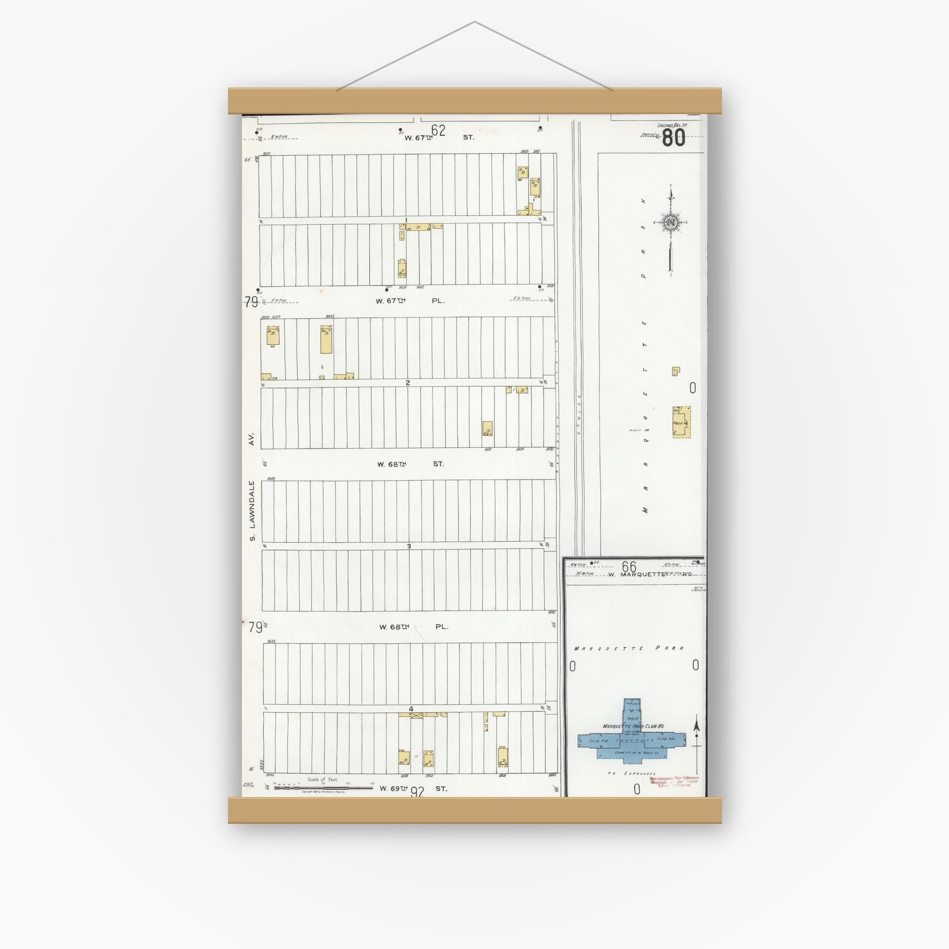 Old map wall art mockup — magnetic wood frame on white wall — Sanborn Fire Insurance Map from Chicago, Cook County, Illinois (1920), Sheet #0080