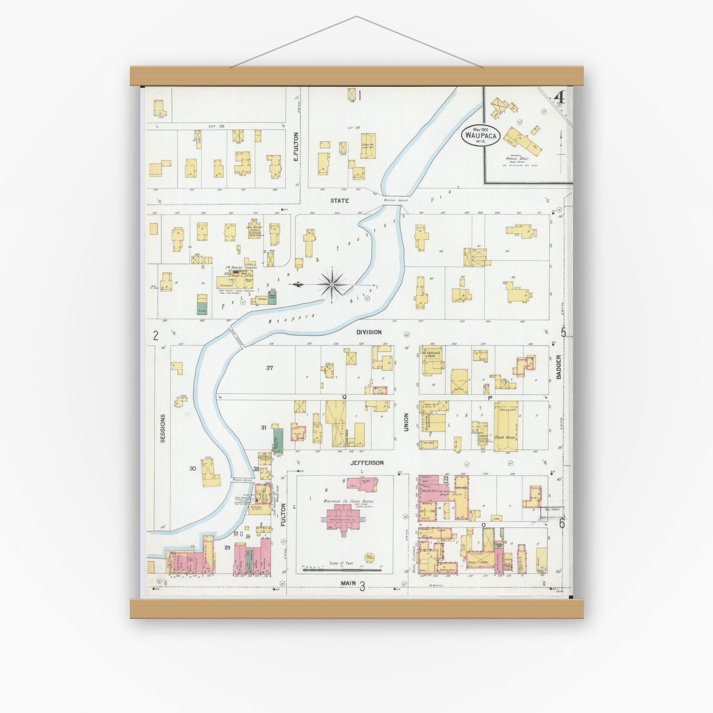 Old map wall art mockup — magnetic wood frame on white wall — Sanborn Fire Insurance Map from Waupaca, Waupaca County, Wisconsin (1901), Sheet #0004