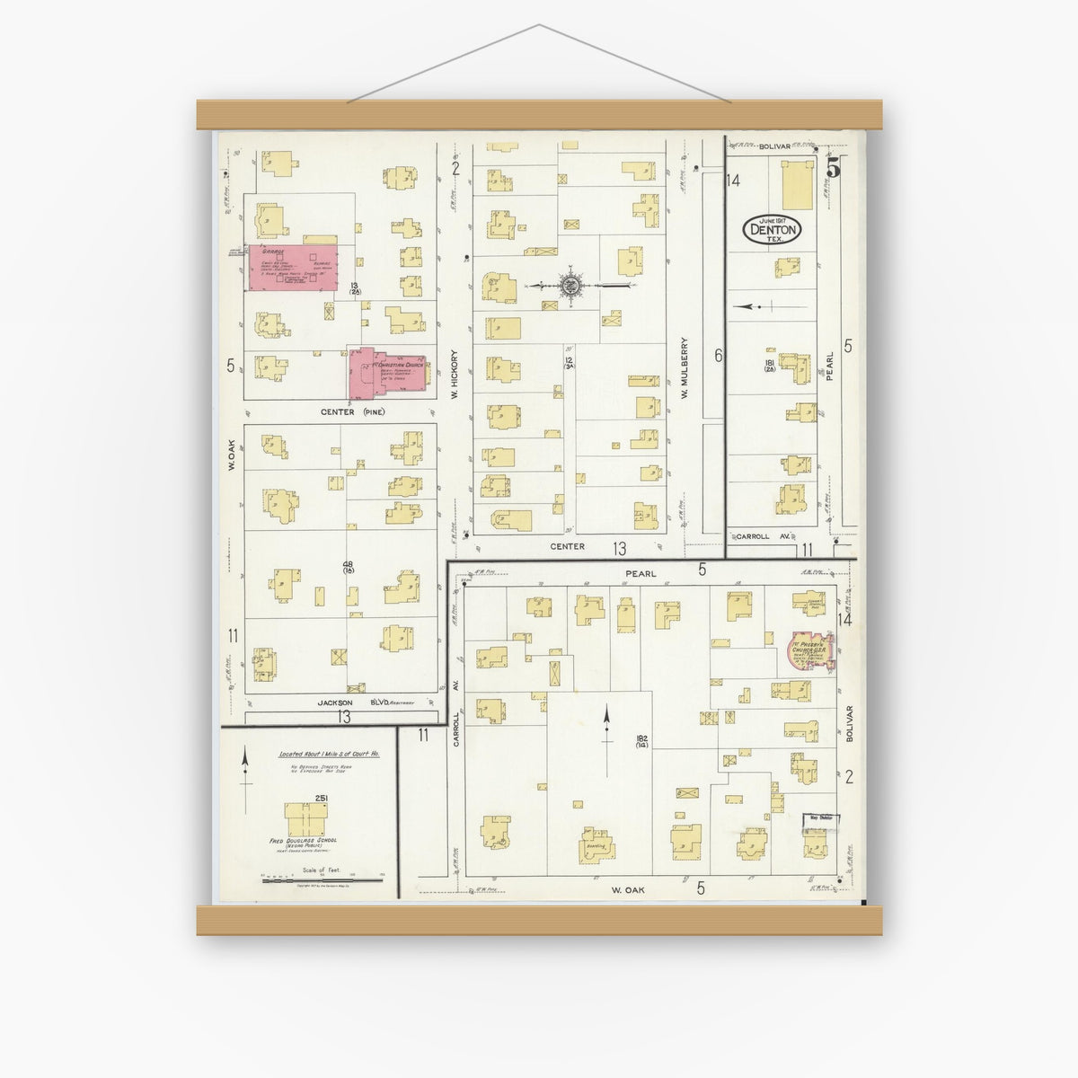 Old map wall art mockup — magnetic wood frame on white wall — Sanborn Fire Insurance Map from Denton, Denton County, Texas (1917), Sheet #0005