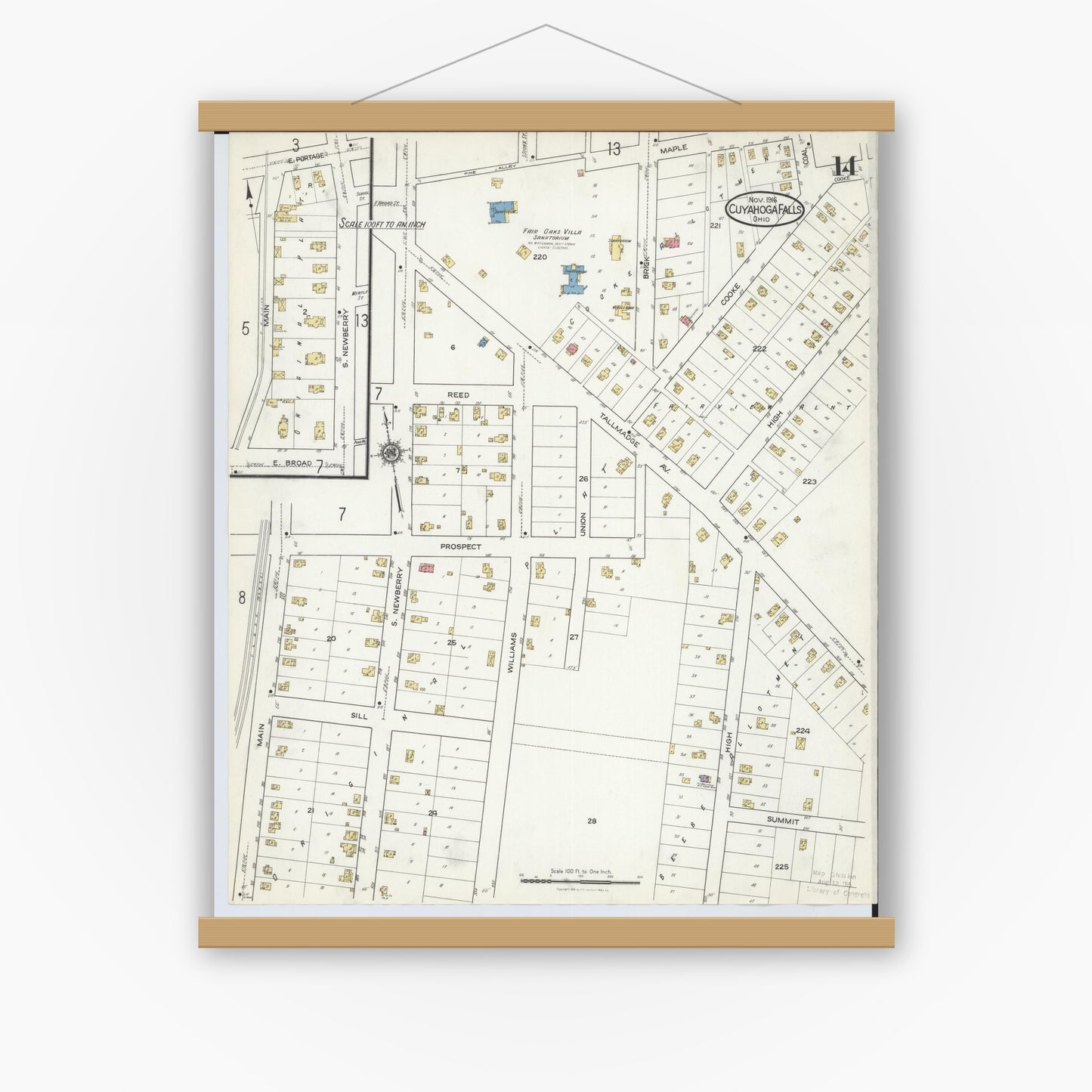 Old map wall art mockup — magnetic wood frame on white wall — Sanborn Fire Insurance Map from Cuyahoga Falls, Summit County, Ohio (1916), Sheet #0014