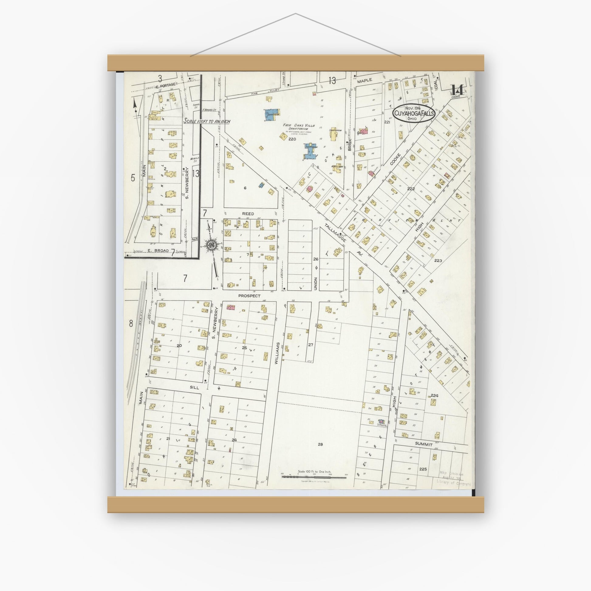 Old map wall art mockup — magnetic wood frame on white wall — Sanborn Fire Insurance Map from Cuyahoga Falls, Summit County, Ohio (1916), Sheet #0014