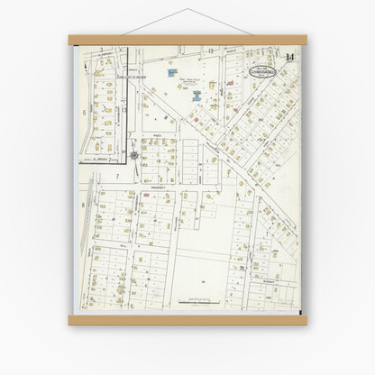 Old map wall art mockup — magnetic wood frame on white wall — Sanborn Fire Insurance Map from Cuyahoga Falls, Summit County, Ohio (1916), Sheet #0014