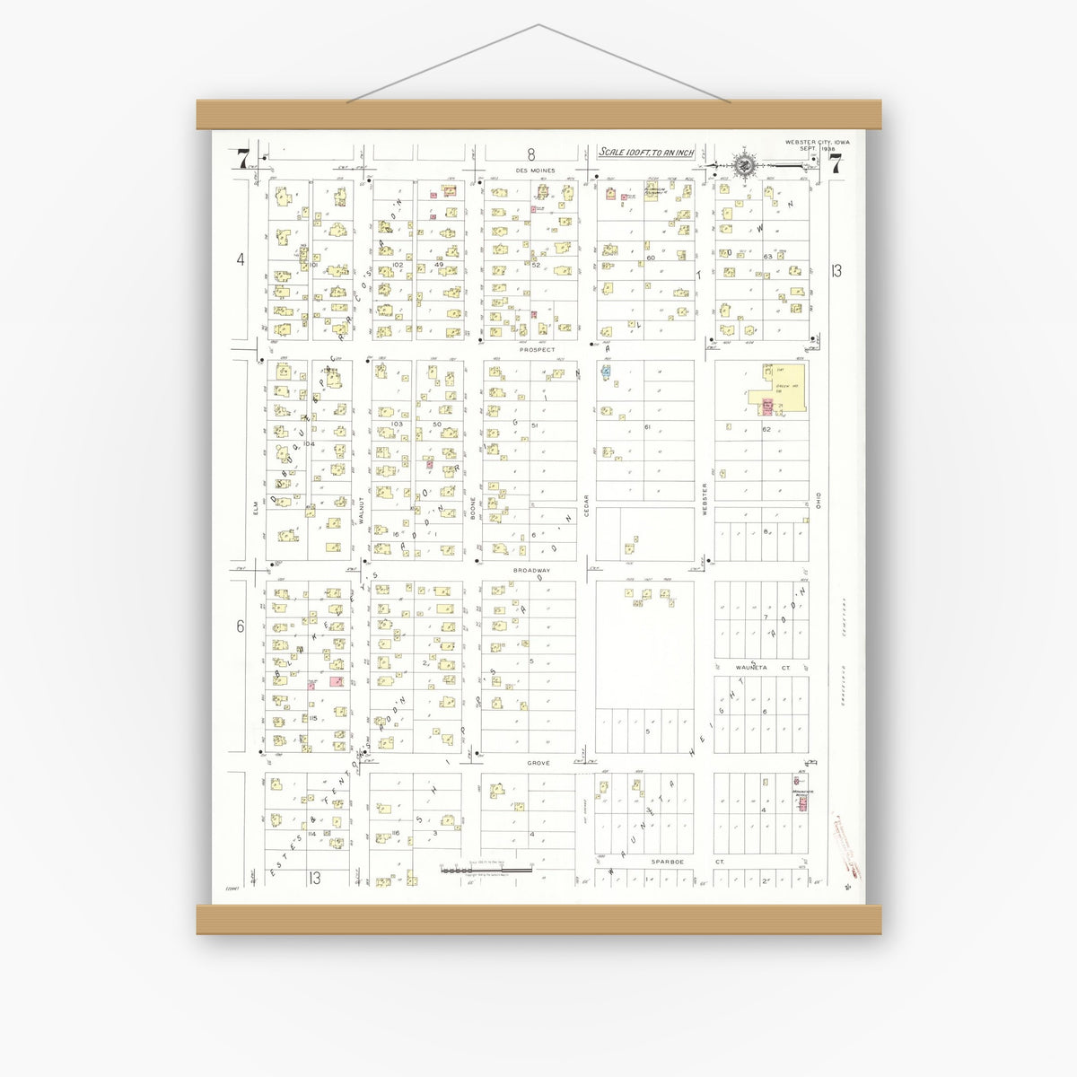Old map wall art mockup — magnetic wood frame on white wall — Sanborn Fire Insurance Map from Webster City, Hamilton County, Iowa (1938), Sheet #0007