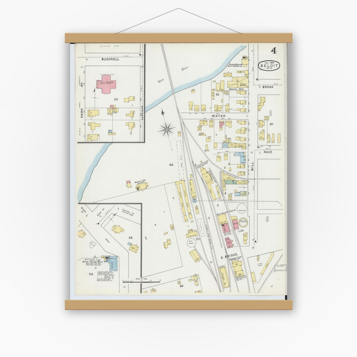 Old map wall art mockup — magnetic wood frame on white wall — Sanborn Fire Insurance Map from Beloit, Rock County, Wisconsin (1895), Sheet #0004