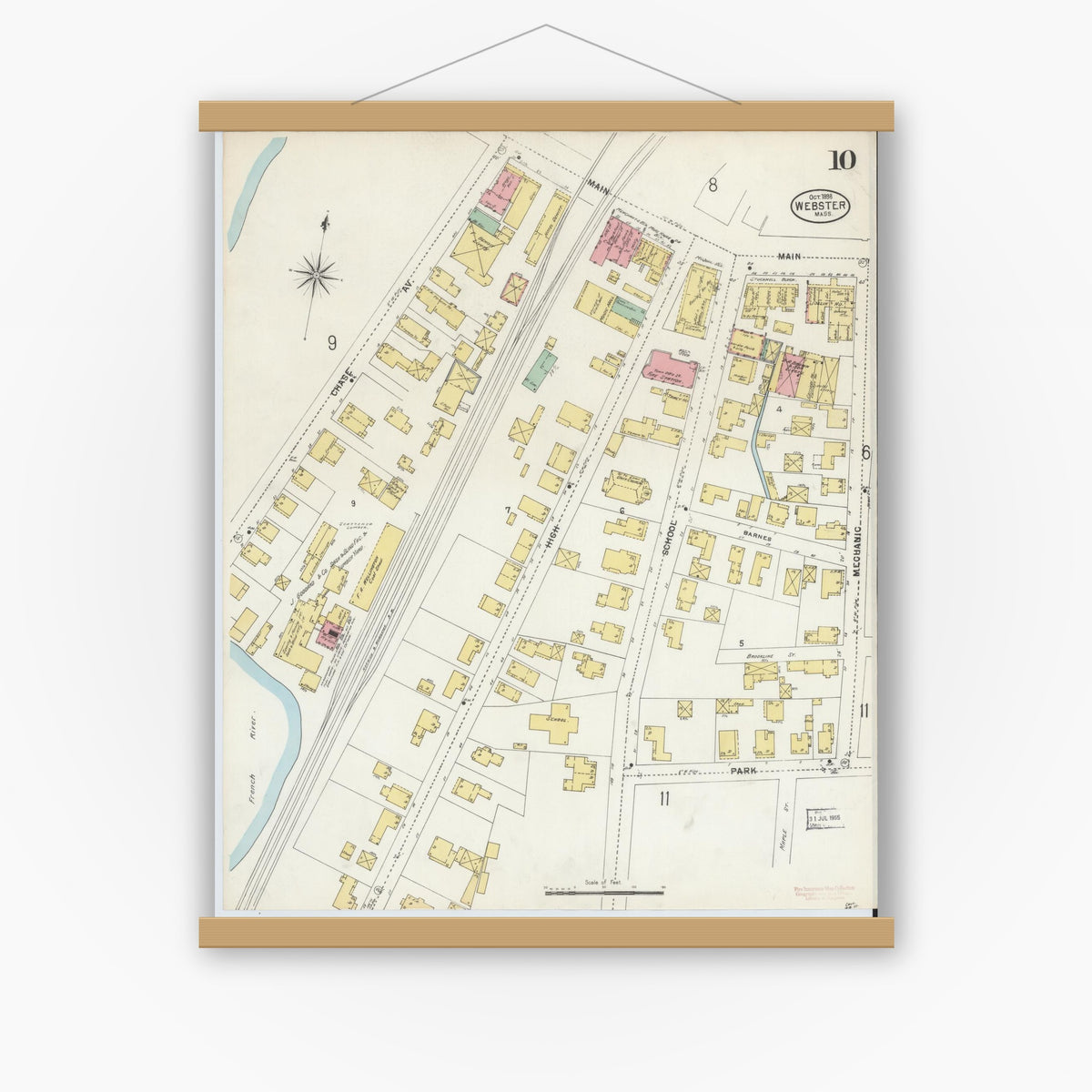 Old map wall art mockup — magnetic wood frame on white wall — Sanborn Fire Insurance Map from Webster, Worcester County, Massachusetts (1898), Sheet #0010