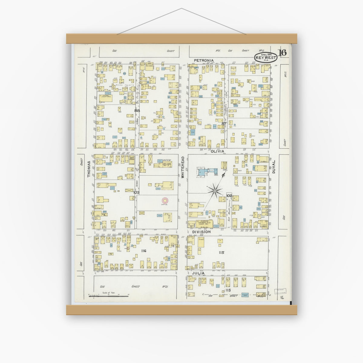 Old map wall art mockup — magnetic wood frame on white wall — Sanborn Fire Insurance Map from Key West, Monroe County, Florida (1892), Sheet #0016