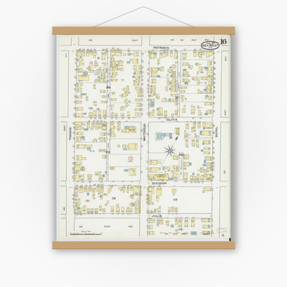 Old map wall art mockup — magnetic wood frame on white wall — Sanborn Fire Insurance Map from Key West, Monroe County, Florida (1892), Sheet #0016