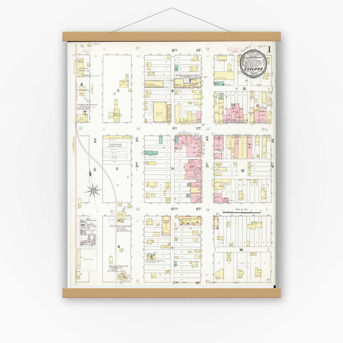 Old map wall art mockup — magnetic wood frame on white wall — Sanborn Fire Insurance Map from Sheldon, O'Brien County, Iowa (1892), Sheet #0001