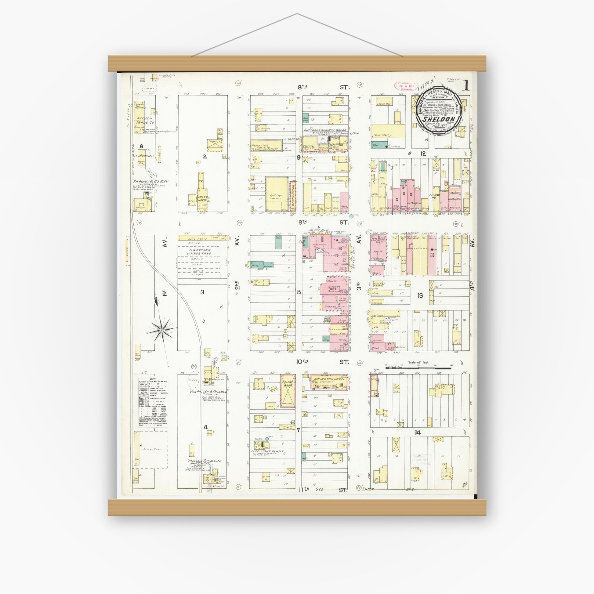 Old map wall art mockup — magnetic wood frame on white wall — Sanborn Fire Insurance Map from Sheldon, O'Brien County, Iowa (1892), Sheet #0001