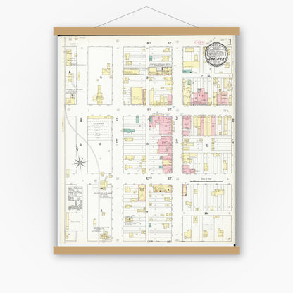 Old map wall art mockup — magnetic wood frame on white wall — Sanborn Fire Insurance Map from Sheldon, O'Brien County, Iowa (1892), Sheet #0001