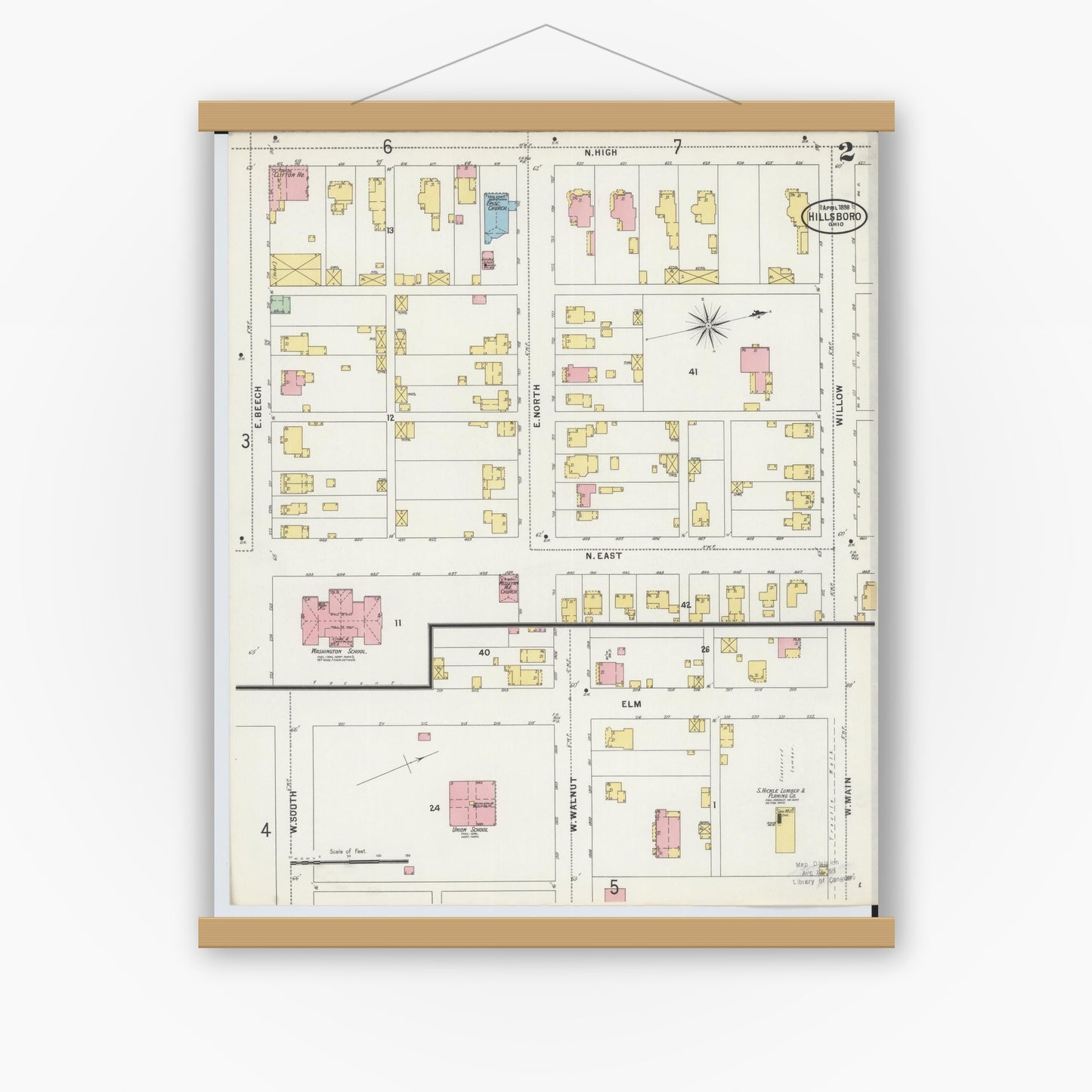 Old map wall art mockup — magnetic wood frame on white wall — Sanborn Fire Insurance Map from Hillsboro, Highland County, Ohio (1898), Sheet #0002