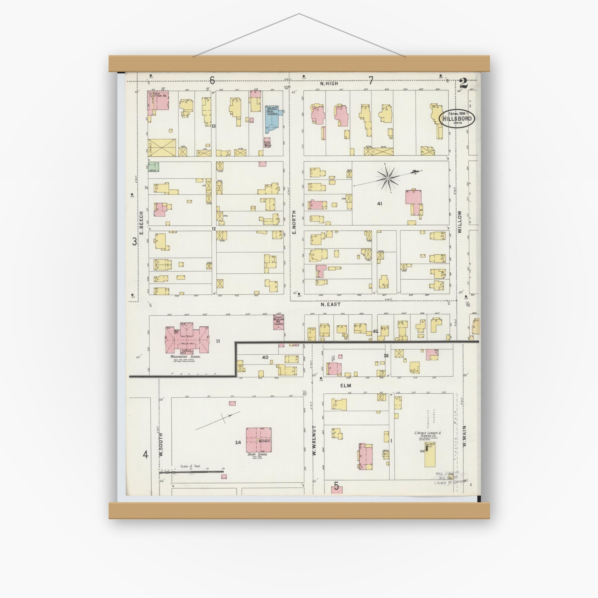 Old map wall art mockup — magnetic wood frame on white wall — Sanborn Fire Insurance Map from Hillsboro, Highland County, Ohio (1898), Sheet #0002