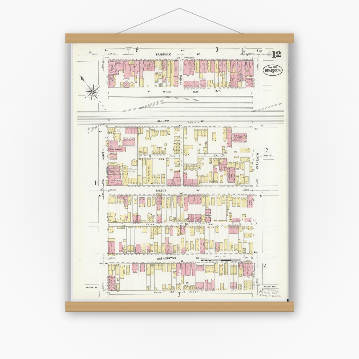 Old map wall art mockup — magnetic wood frame on white wall — Sanborn Fire Insurance Map from Braddock, Allegheny County, Pennsylvania (1908), Sheet #0012
