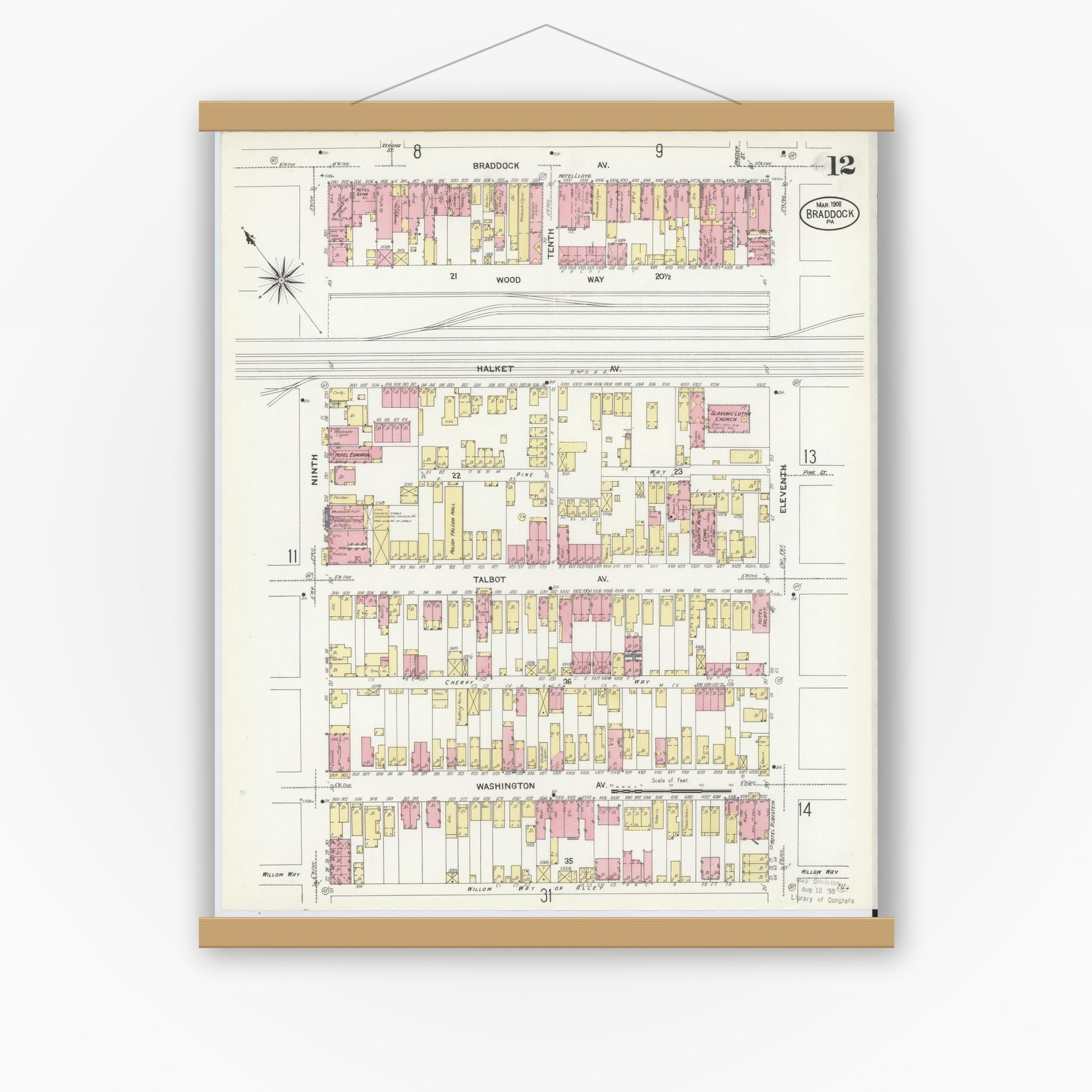 Old map wall art mockup — magnetic wood frame on white wall — Sanborn Fire Insurance Map from Braddock, Allegheny County, Pennsylvania (1908), Sheet #0012