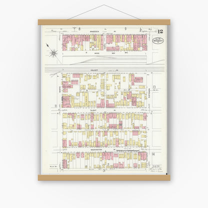 Old map wall art mockup — magnetic wood frame on white wall — Sanborn Fire Insurance Map from Braddock, Allegheny County, Pennsylvania (1908), Sheet #0012