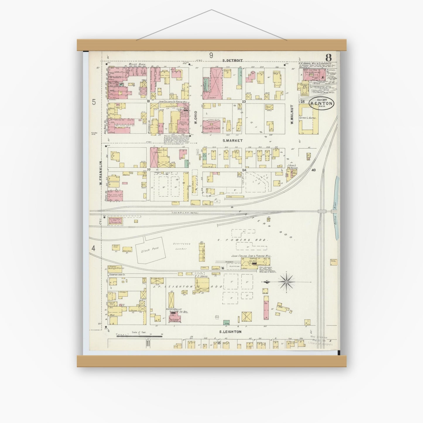 Old map wall art mockup — magnetic wood frame on white wall — Sanborn Fire Insurance Map from Kenton, Hardin County, Ohio (1897), Sheet #0008