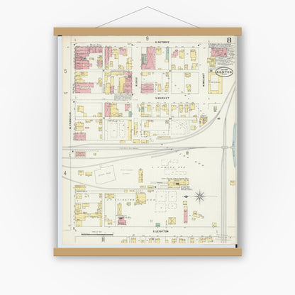 Old map wall art mockup — magnetic wood frame on white wall — Sanborn Fire Insurance Map from Kenton, Hardin County, Ohio (1897), Sheet #0008