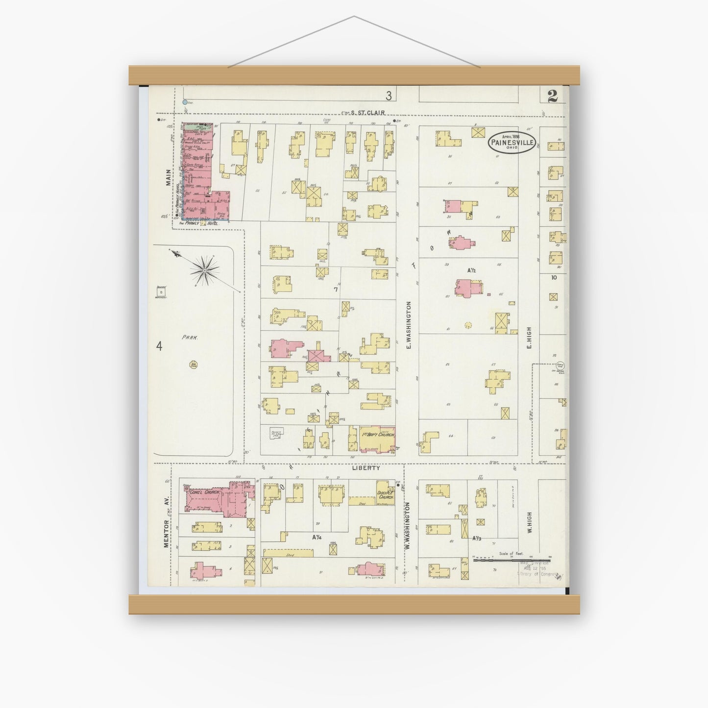 Old map wall art mockup — magnetic wood frame on white wall — Sanborn Fire Insurance Map from Painesville, Lake County, Ohio (1898), Sheet #0002