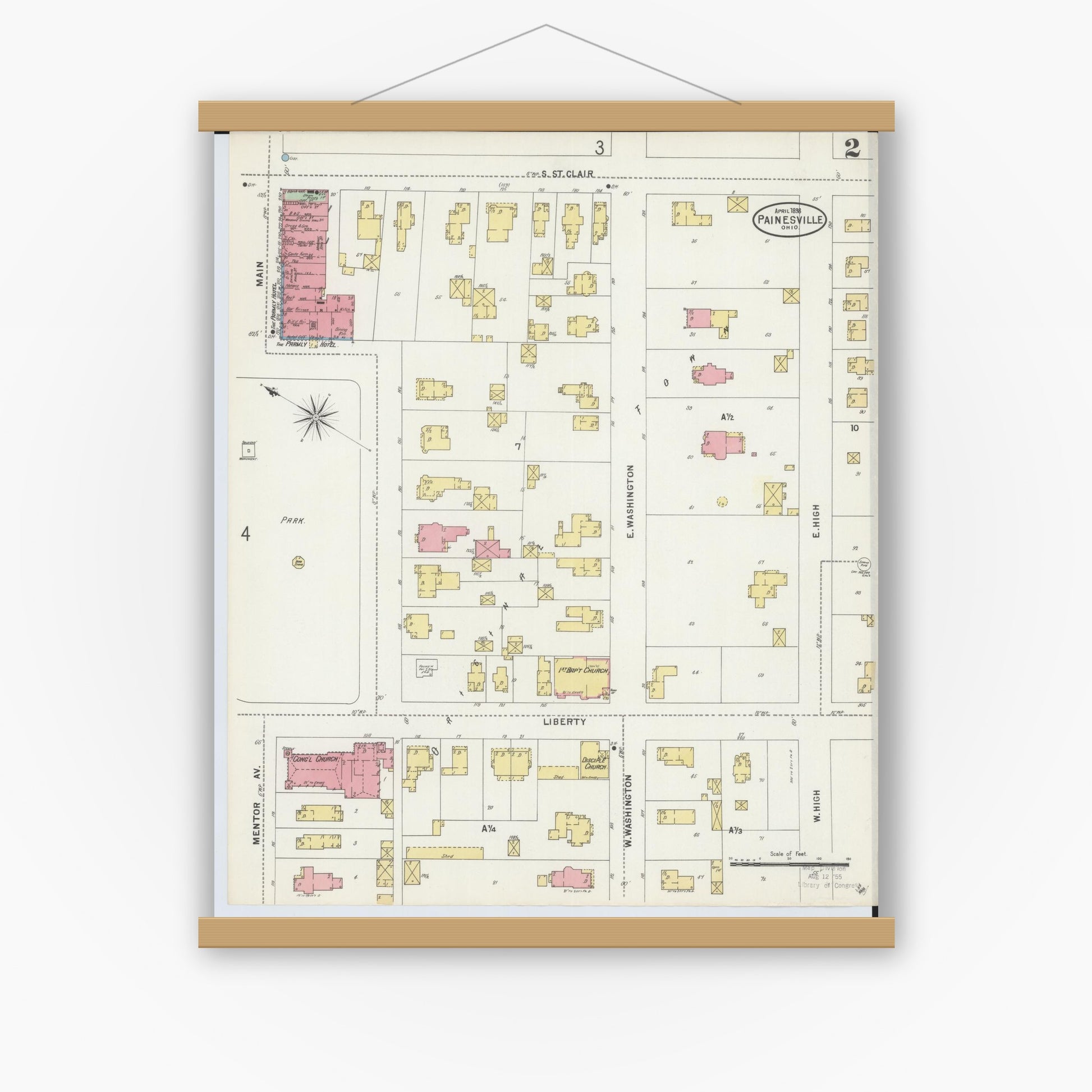 Old map wall art mockup — magnetic wood frame on white wall — Sanborn Fire Insurance Map from Painesville, Lake County, Ohio (1898), Sheet #0002