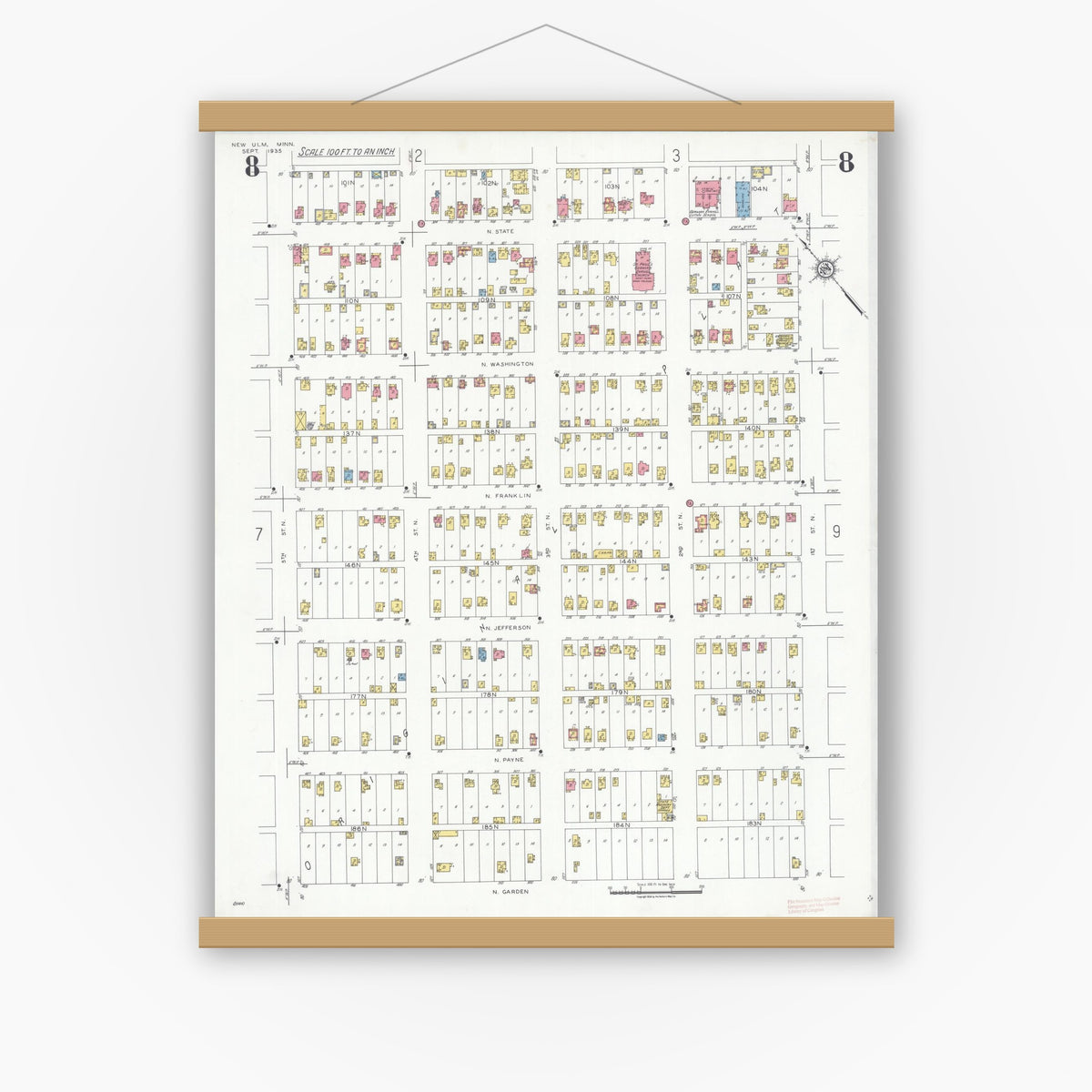 Old map wall art mockup — magnetic wood frame on white wall — Sanborn Fire Insurance Map from New Ulm, Brown County, Minnesota (1935), Sheet #0008