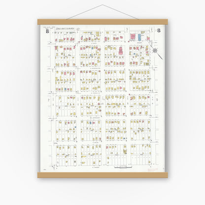 Old map wall art mockup — magnetic wood frame on white wall — Sanborn Fire Insurance Map from New Ulm, Brown County, Minnesota (1935), Sheet #0008