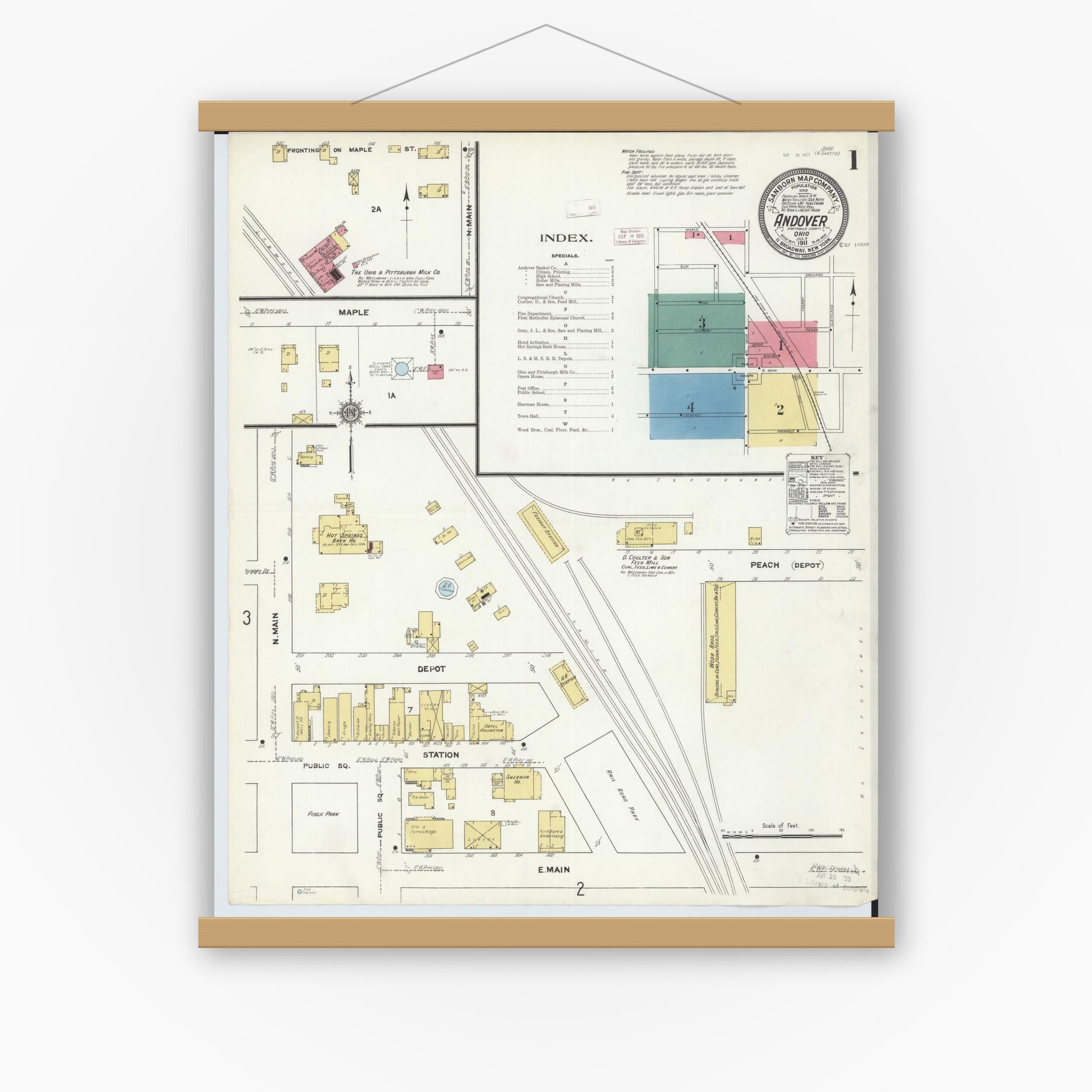 Old map wall art mockup — magnetic wood frame on white wall — Sanborn Fire Insurance Map from Andover, Ashtabula County, Ohio (1911) - Complete Map Set