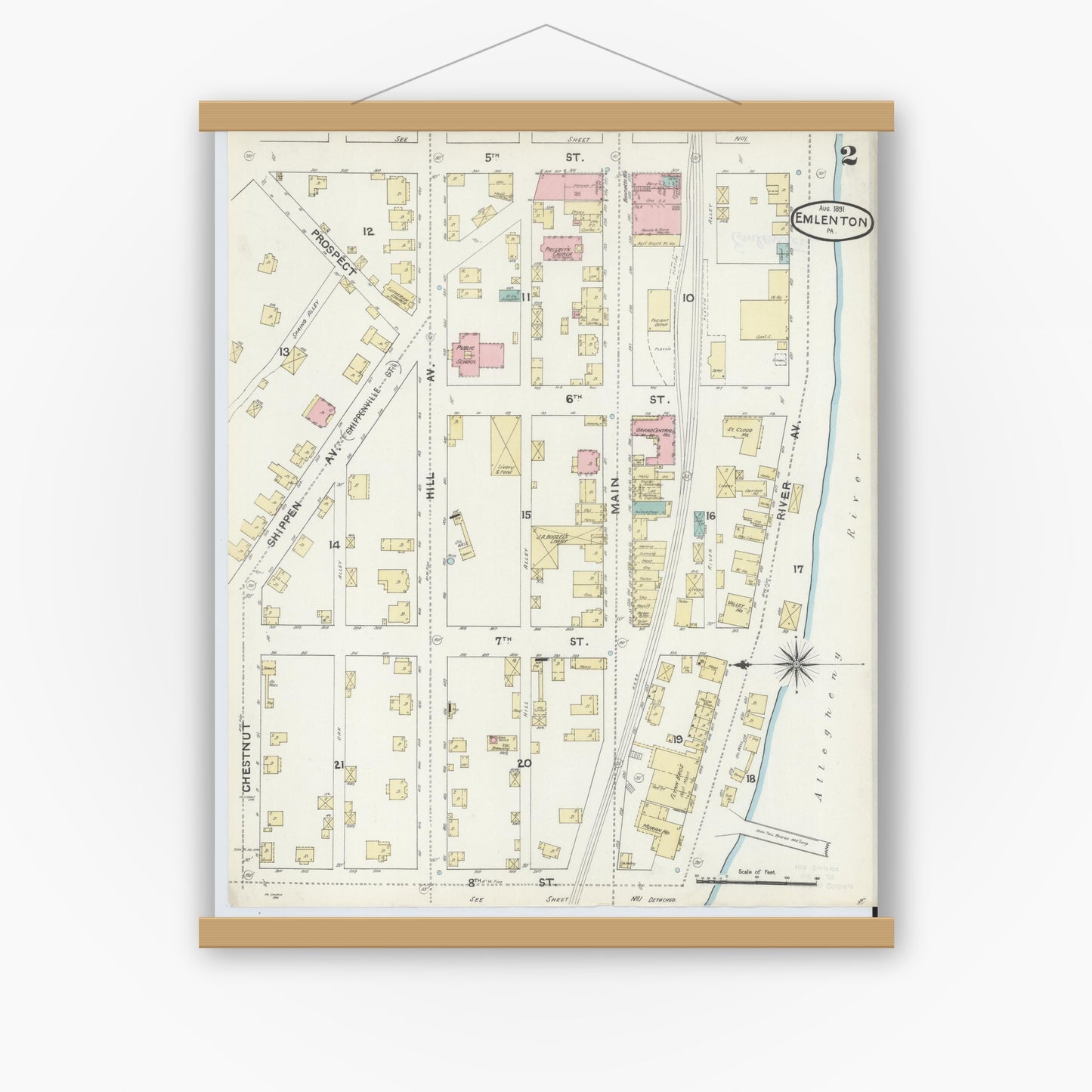 Old map wall art mockup — magnetic wood frame on white wall — Sanborn Fire Insurance Map from Emlenton, Venango County, Pennsylvania (1891), Sheet #0002