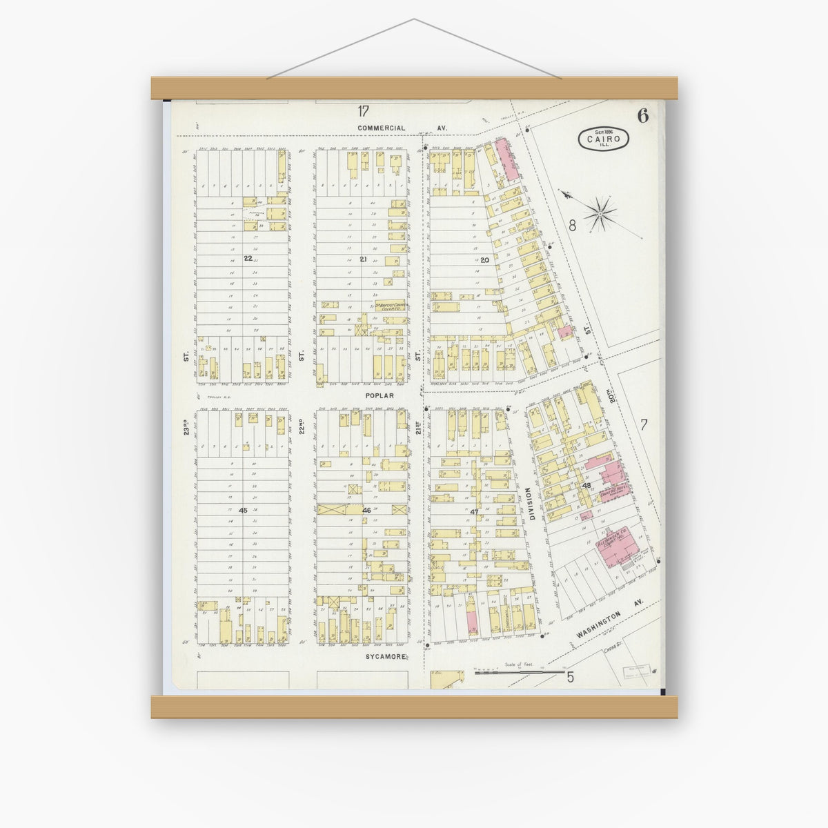 Old map wall art mockup — magnetic wood frame on white wall — Sanborn Fire Insurance Map from Cairo, Alexander County, Illinois (1896), Sheet #0006