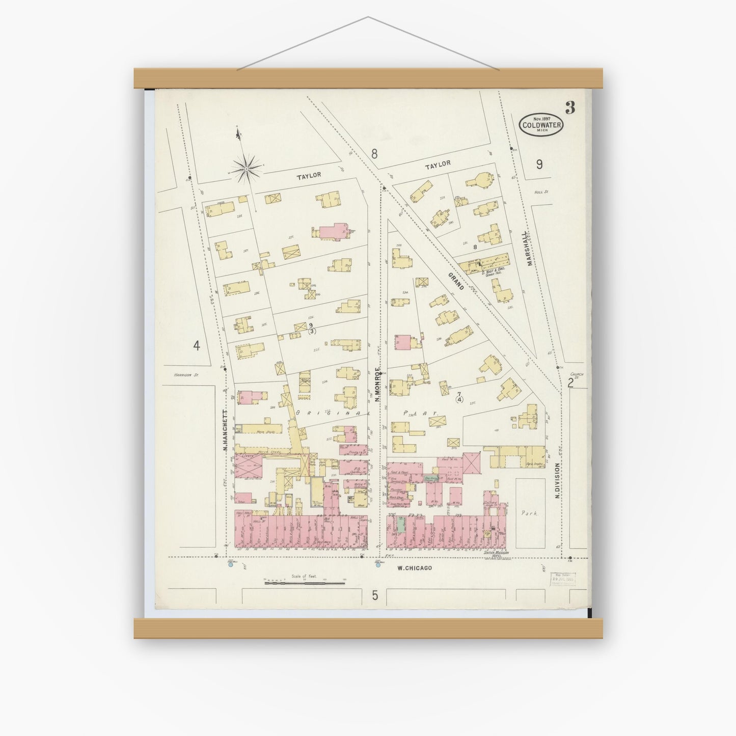Old map wall art mockup — magnetic wood frame on white wall — Sanborn Fire Insurance Map from Coldwater, Branch County, Michigan (1897), Sheet #0003