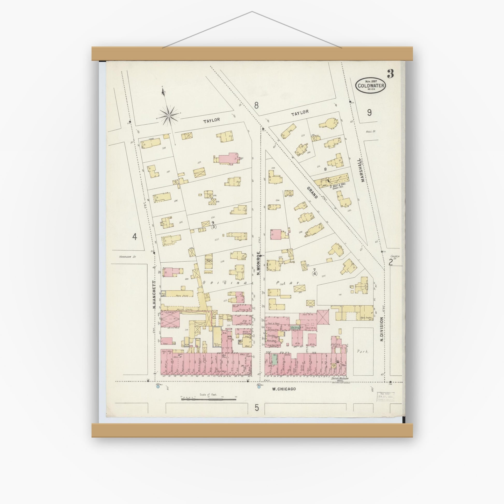 Old map wall art mockup — magnetic wood frame on white wall — Sanborn Fire Insurance Map from Coldwater, Branch County, Michigan (1897), Sheet #0003