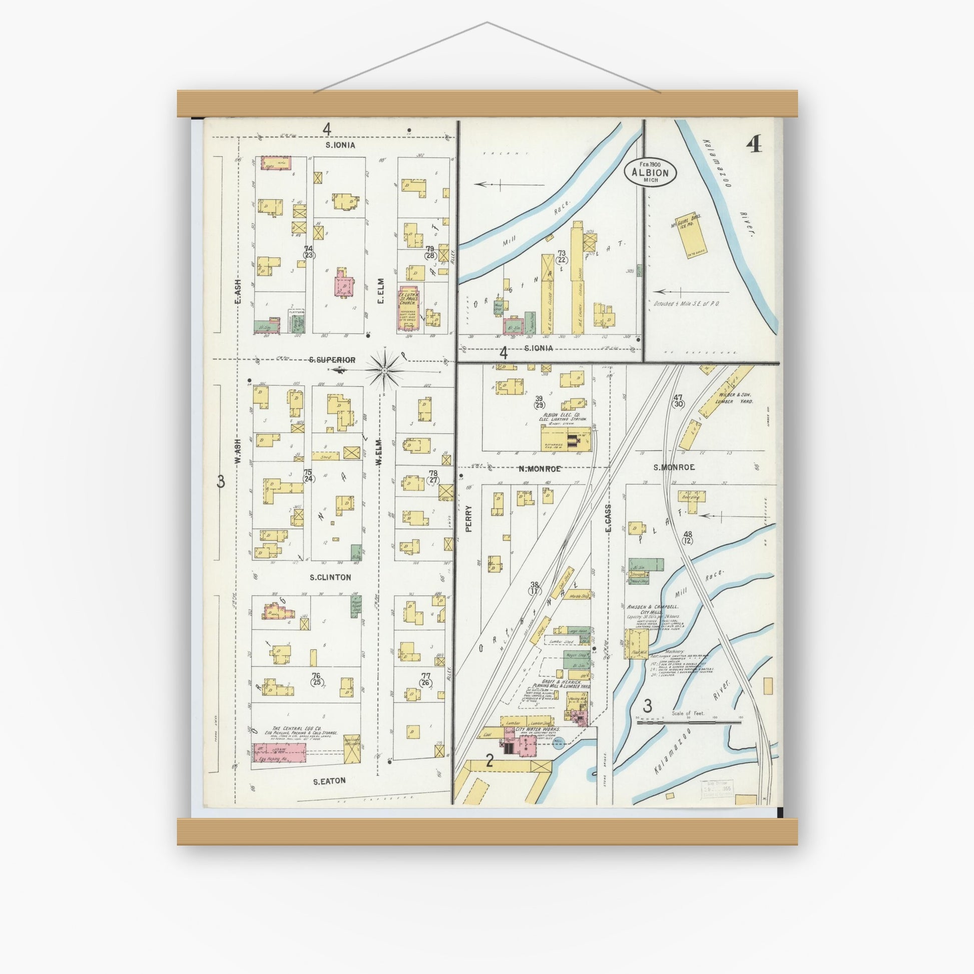 Old map wall art mockup — magnetic wood frame on white wall — Sanborn Fire Insurance Map from Albion, Calhoun County, Michigan (1900), Sheet #0004