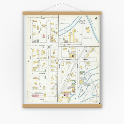 Old map wall art mockup — magnetic wood frame on white wall — Sanborn Fire Insurance Map from Albion, Calhoun County, Michigan (1900), Sheet #0004