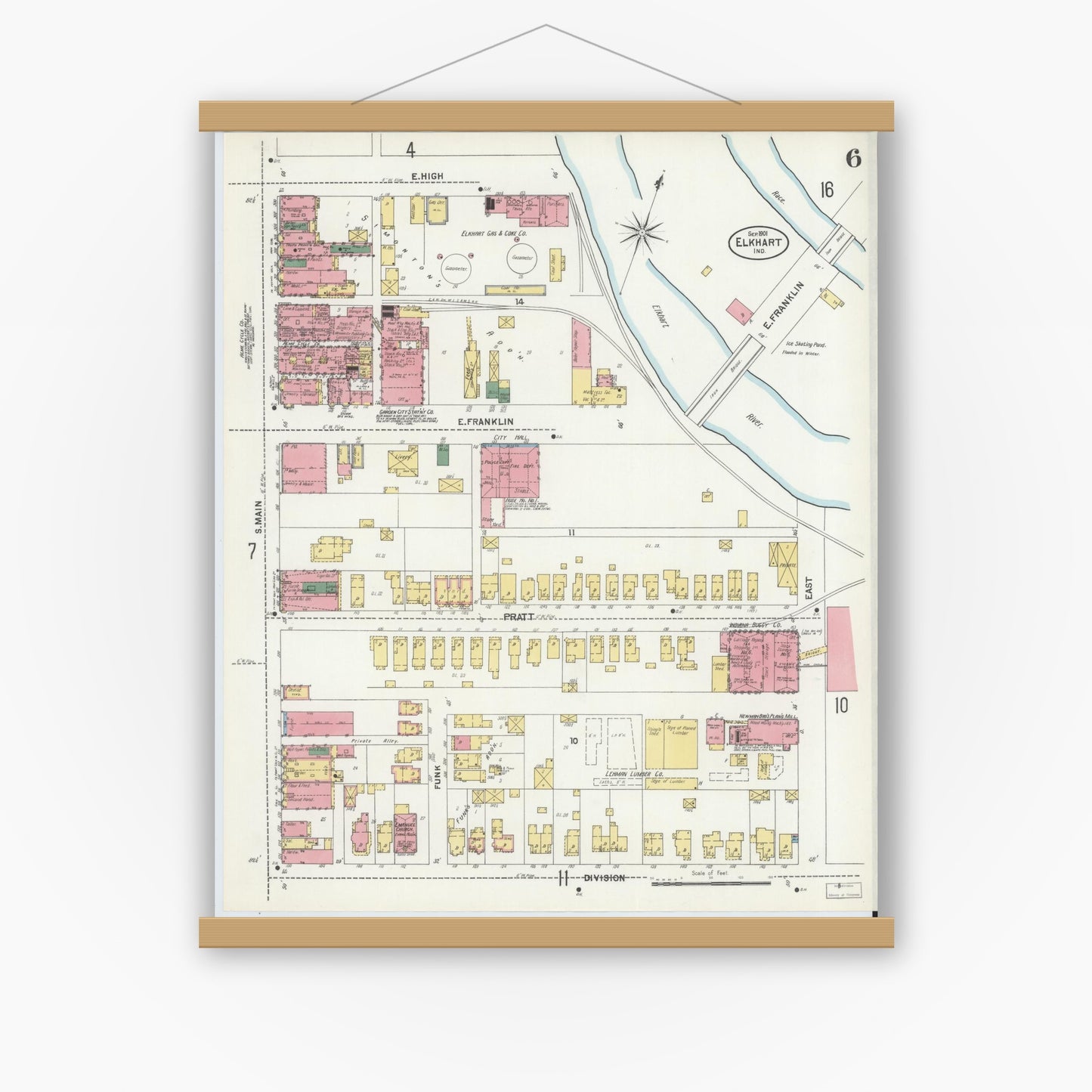 Old map wall art mockup — magnetic wood frame on white wall — Sanborn Fire Insurance Map from Elkhart, Elkhart County, Indiana (1901), Sheet #0006
