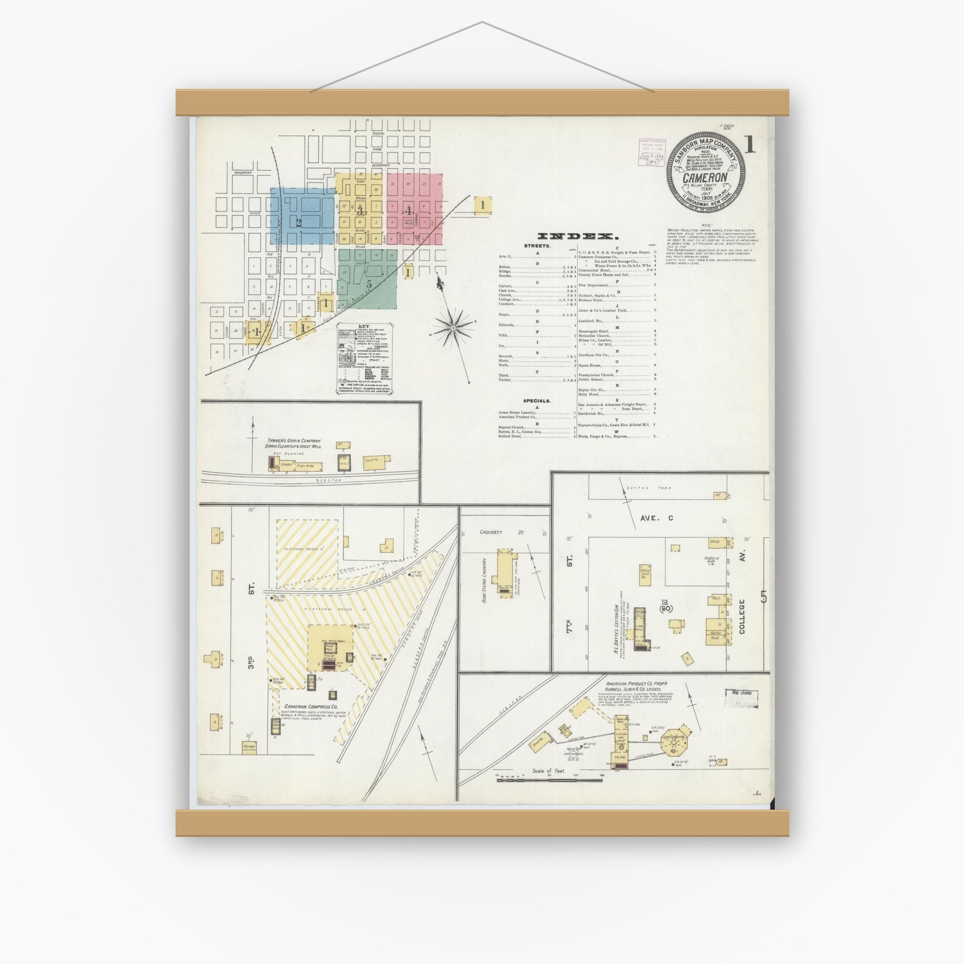 Old map wall art mockup — magnetic wood frame on white wall — Sanborn Fire Insurance Map from Cameron, Milam County, Texas (1906), Sheet #0001