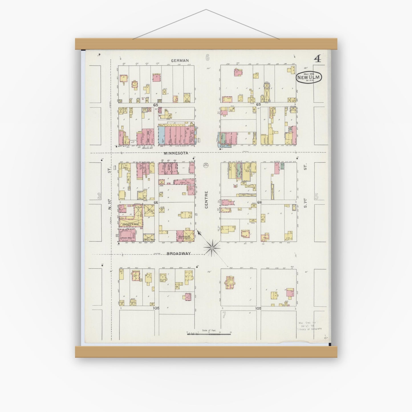 Old map wall art mockup — magnetic wood frame on white wall — Sanborn Fire Insurance Map from New Ulm, Brown County, Minnesota (1894), Sheet #0004