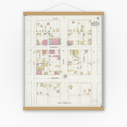 Old map wall art mockup — magnetic wood frame on white wall — Sanborn Fire Insurance Map from New Ulm, Brown County, Minnesota (1894), Sheet #0004