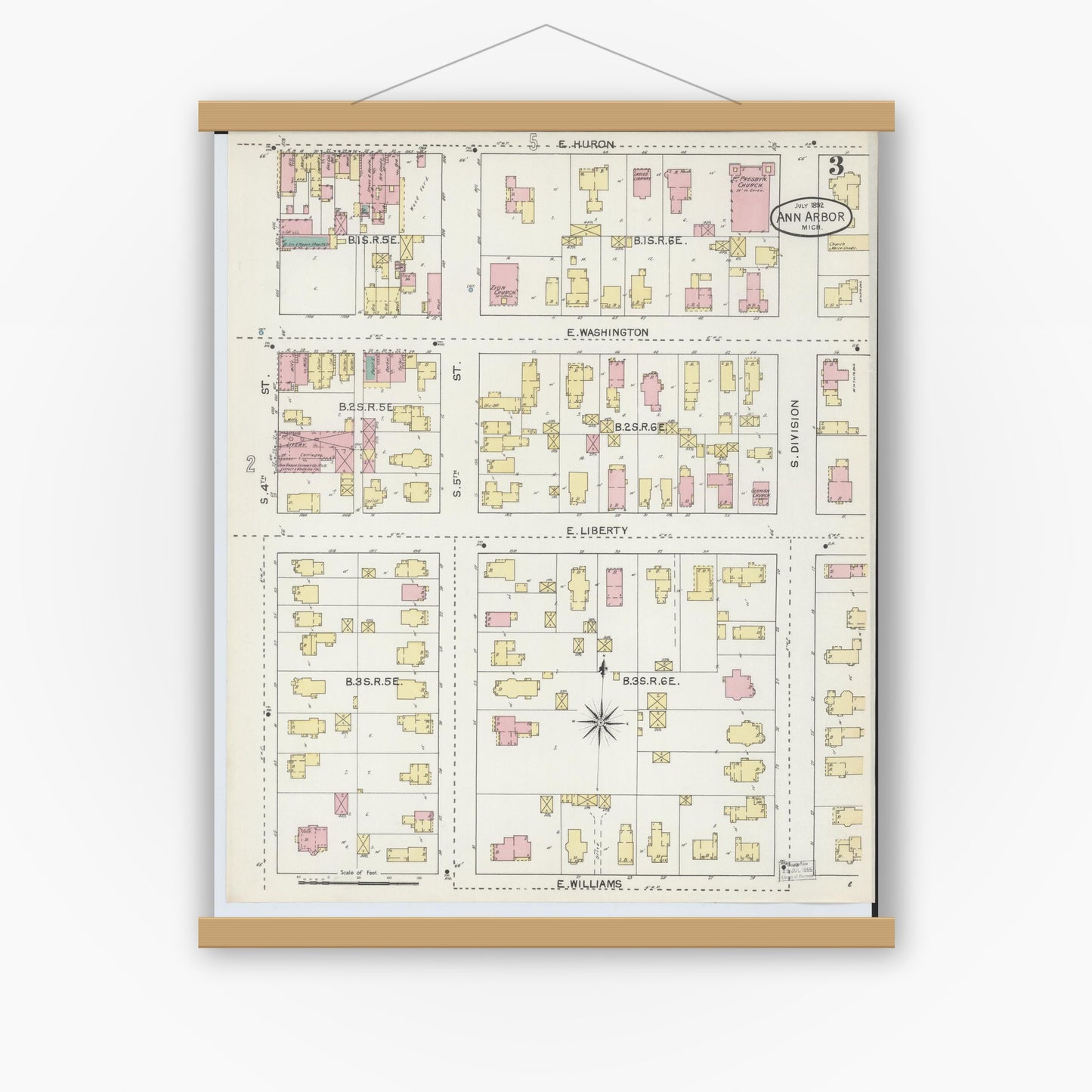 Old map wall art mockup — magnetic wood frame on white wall — Sanborn Fire Insurance Map from Ann Arbor, Washtenaw County, Michigan (1892), Sheet #0003
