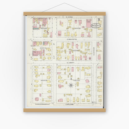 Old map wall art mockup — magnetic wood frame on white wall — Sanborn Fire Insurance Map from Ann Arbor, Washtenaw County, Michigan (1892), Sheet #0003