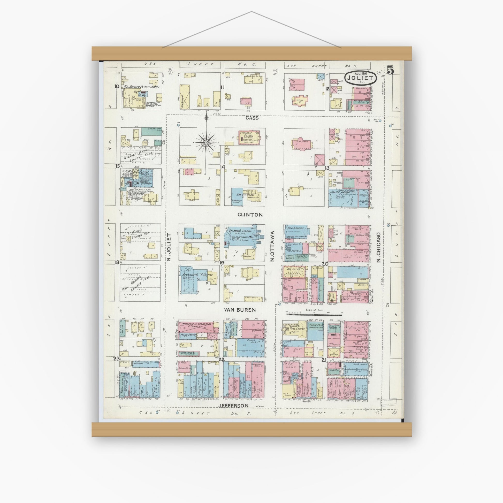 Old map wall art mockup — magnetic wood frame on white wall — Sanborn Fire Insurance Map from Joliet, Will County, Illinois (1891), Sheet #0005