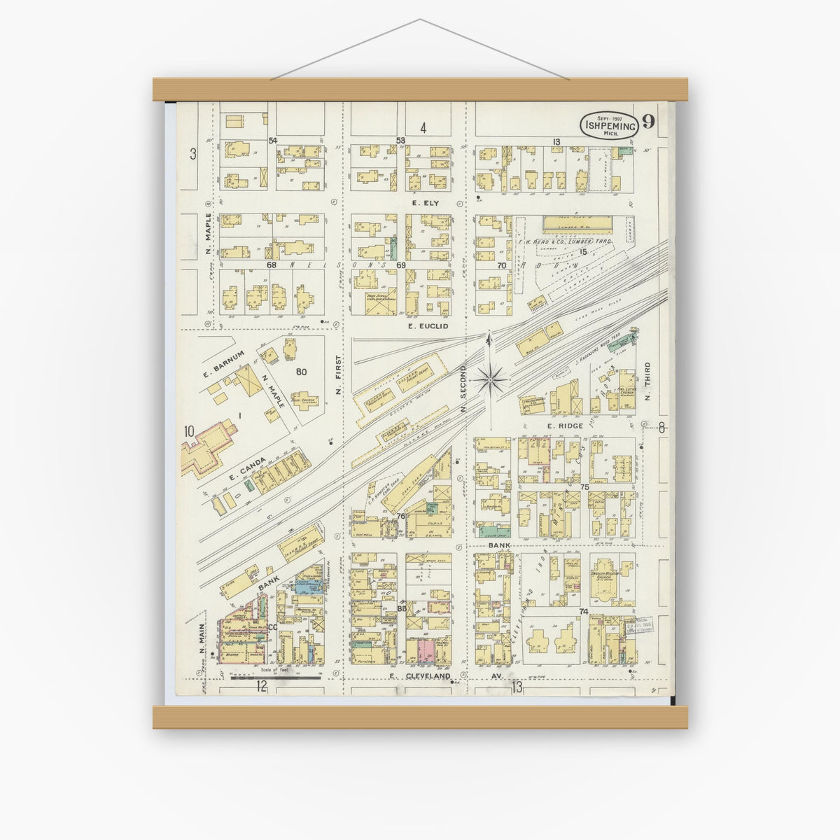 Old map wall art mockup — magnetic wood frame on white wall — Sanborn Fire Insurance Map from Ishpeming, Marquette County, Michigan (1897), Sheet #0009